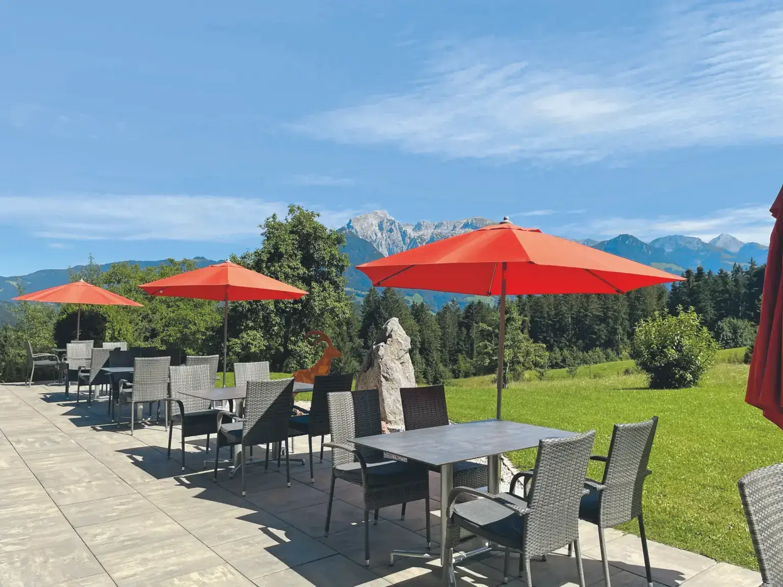 Panoramaterrasse des Alpenhotels Hundsreitlehen mit Sonnenschirmen und Bergblick